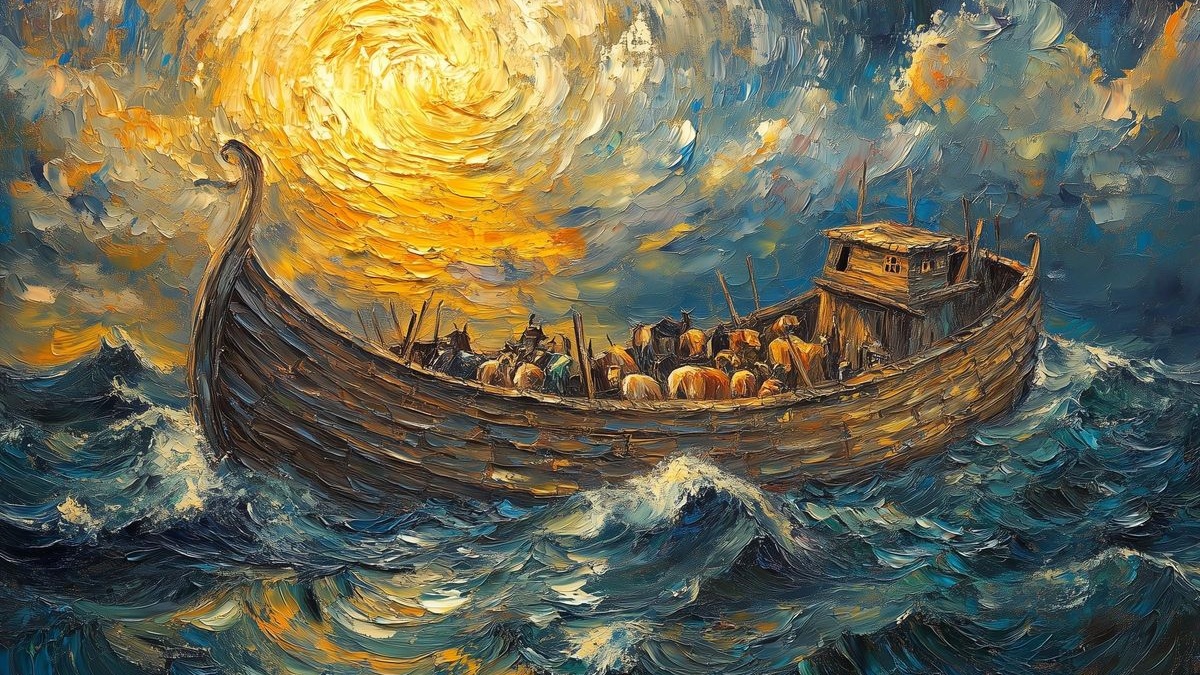 Rain falling over fields with a distant rainbow