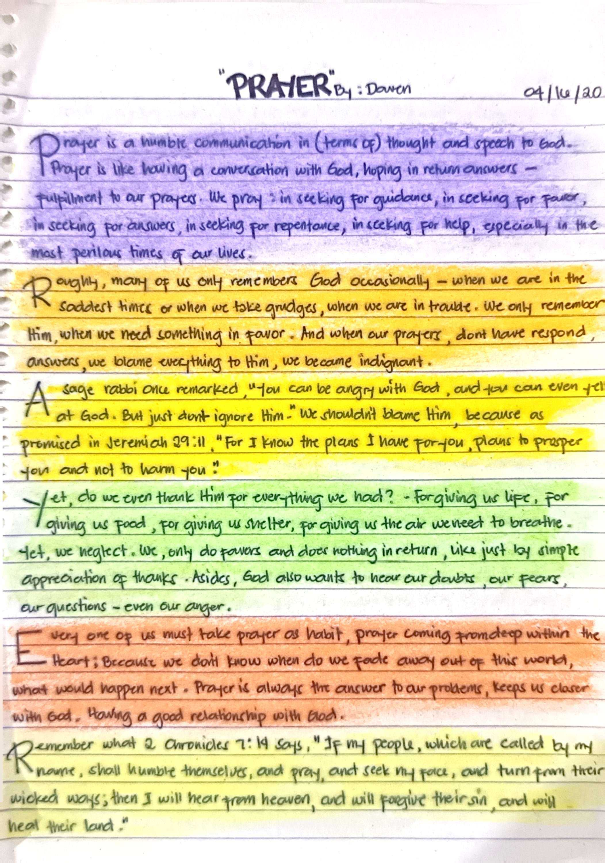 Original handwritten PRAYER manuscript